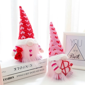 Handmade Valentine's Day lighted gnomes set with plush hearts and rose ornaments