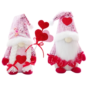 Valentine's Day gnome plush dolls with pink sequin hats and LOVE heart decorations