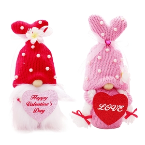 Valentine's Day gnome plush set with knit hats and heart signs for romantic home decoration