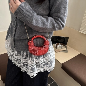 Fashion red acrylic crescent handbag with metallic ripple texture and gold chain strap