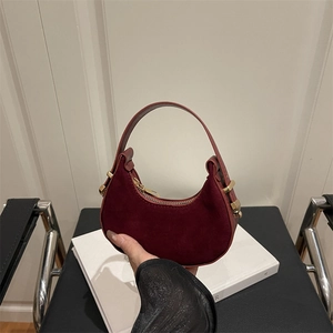 Minimalist Suede Half Moon Handbag For Women Vintage Solid Color Underarm Bag Small Lightweight Zipper Hobo Tote Purse