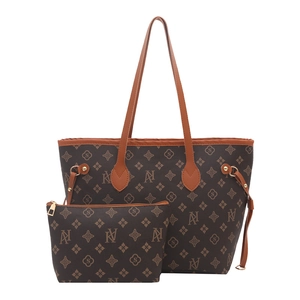 Classic monogram tote bag set in dark brown faux leather with matching small clutch pouch