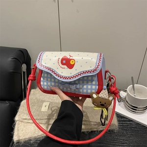 Sweet Plaid Polka Dot Contrast Color PU Leather Shoulder Bag For Women With Cartoon Bear Charm Apple Print Square Crossbody Bag