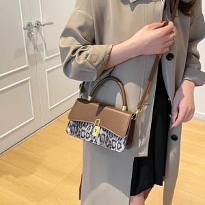 Women's leopard print crossbody bag with leather flap and gold clasp on model