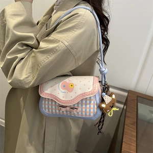 Sweet pink apple shoulder bag with checkered pattern and cute bear keychain charm