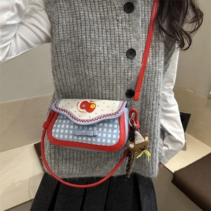 Pink apple style blue plaid crossbody bag with a cute bear charm and red strap