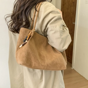 Minimalist large capacity faux suede tote bag with vintage wooden beads in khaki brown
