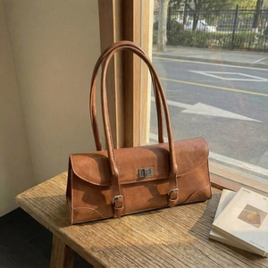 Women Vintage PU Leather Underarm Shoulder Bag Minimalist Square Pillow Bag With Silver Buckle Stitching Large Commute Handbag