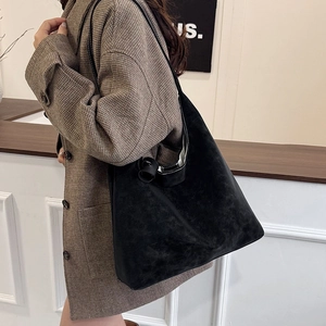 Minimalist black suede tote bag for women, large capacity shoulder bag for daily commute