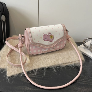 Women Sweet Checkered Crossbody Bag PU Leather Polka Dot Patchwork Small Square Bag With Bowknot Embroidery Decoration