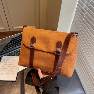 Vintage Faux Suede Messenger Bag For Women Large Capacity Frosted Flap Crossbody Bag Commuting Shoulder Bag With Double Buckle