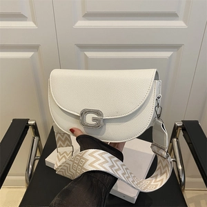 Fashion PU Leather Rhinestone G Buckle Saddle Crossbody Bag For Women Wide Jacquard Strap Small Square Phone Shoulder Bag