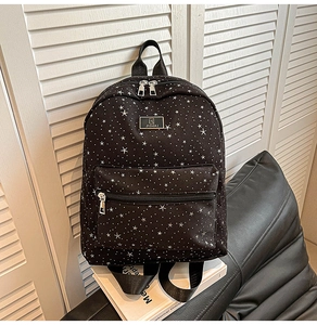 Detail of JUHAI backpack showing star print pattern and durable silver double zippers