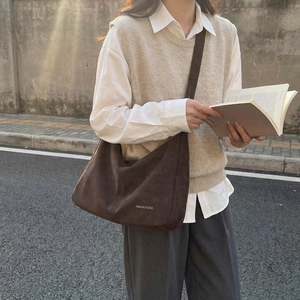 Vintage dark brown faux suede tote bag with large capacity and wide shoulder strap
