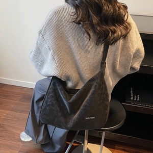 Minimalist dark gray suede hobo bag with logo, large capacity retro tote for daily commute