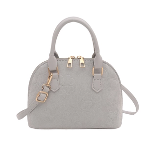 Light gray shell bag with embossed floral pattern and gold double zipper detail