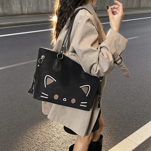 Grand sac cabas noir avec motif de chat minimaliste style urbain décontracté