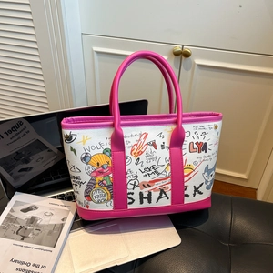 Graffiti Printed Canvas Tote Bag Women Fashion Cartoon Bear Shark Pattern Retro Shoulder Crossbody Handbag Street Trend