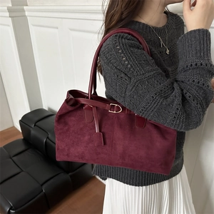 Vintage burgundy suede tote bag for women with leather handles and large capacity