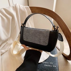 Women Retro Color Block Crossbody Bag Synthetic Leather Canvas Patchwork Shoulder Bag With Wide Strap Minimalist Square Flap Handbag