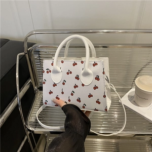 Women Stylish PU Leather Cherry Print Small Square Bag Sweet Fresh Handheld Crossbody Bag With Adjustable Shoulder Strap