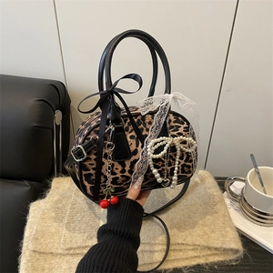 Women Leopard Print Crossbody Bag Bow Cherry Artificial Pearl Charm Handbag PU Leather Retro Fashion Small Square Bag