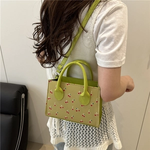 Green cherry print shoulder bag for women with fashion avocado leather handbag style