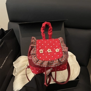 Women Polka Dot Backpack Cute Canvas PU Leather Plaid Ruffles 3D Flower Korean Style Pastoral Retro Small Schoolbag Travel Daypack