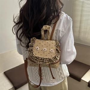 Polka dot khaki lace backpack for women with floral embroidery and ruffle trim detail