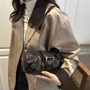 Retro dark brown pleated leather underarm bag with metal buckles and studs