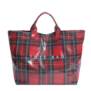 Classic red and green tartan plaid tote bag with TOTE BAG print and glossy finish