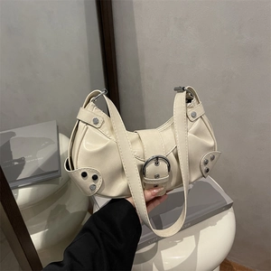 Women PU Leather Half Moon Shoulder Bag Pleated Rivet Belt Buckle Y2K Underarm Bag Solid Color Small Tote Handbag