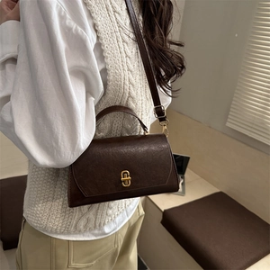 Vintage dark brown PU leather crossbody square bag with elegant gold metal lock clasp