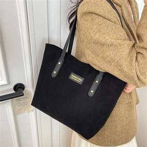 Vintage black corduroy tote bag with large capacity and leather shoulder straps