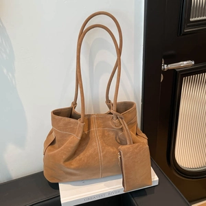 Women Vintage Suede Texture PU Leather Tote Bag Large Capacity Underarm Shoulder Bag With Pouch Contrast Stitching Handbag