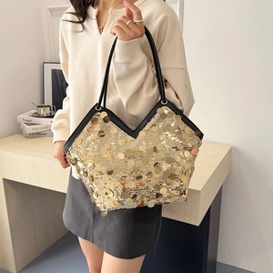 Fashionable tote bag with gold sequins, V-shaped top design and black shoulder straps