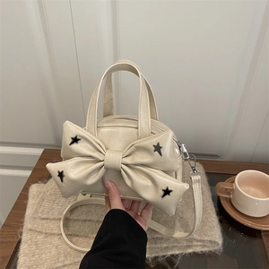 Women Fashion Bowknot Bucket Crossbody Bag PU Leather Star Rivets Handbag Stylish Stitching Shoulder Bag For Daily Matching