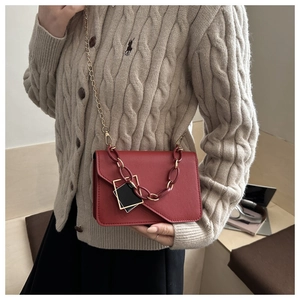 Detail view of red leather crossbody bag with chunky resin chain and golden metal clasp