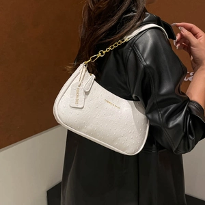Minimalist white ostrich texture underarm bag with gold chain and fashion logo print
