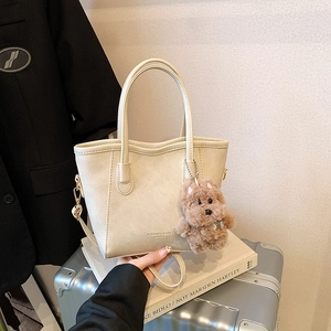Women Retro PU Leather Bucket Bag Minimalist Crossbody Shoulder Bag With Plush Puppy Charm Fashion Daily Casual Handbag