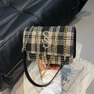 Petit Sac Carré Vintage à Carreaux en Laine pour Femmes avec Bandoulière Chaîne Gland Boucle Métallique Sac à Main Mode