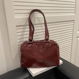 Sac Boston pour Femmes en Cuir PU Mode Sac à Main d'Épaule Brillant Fermeture Éclair Minimaliste pour Déplacement Quotidien