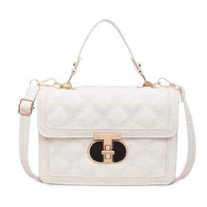 Elegant white quilted square handbag with golden T-lock and top handle for women