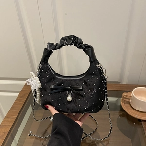 Borsa da Donna con Manico Plissettato Dolce Fiocco Pendente di Künstliche Perle Tracolla Elegante Pizzo Charm Catena Hobo Borsa