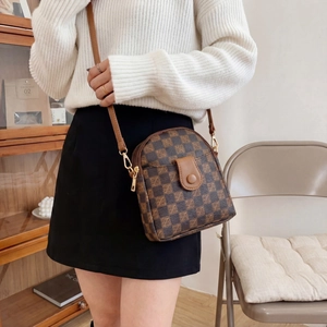 Chic brown checkered mini crossbody bag with golden hardware for stylish women's daily wear