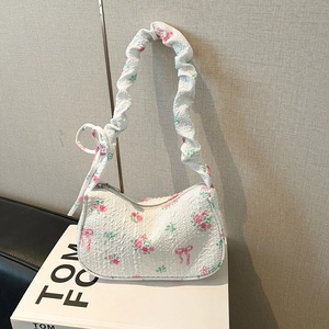 Sweet Floral Shoulder Bag For Women Floral Printed Bow Knot Smocked Handle Underarm Bag Chic Fashion Hobo Handbag