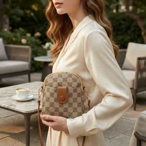 Mini floral crossbody phone bag for women with leather strap in elegant outdoor setting