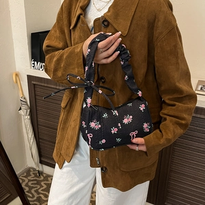Floral shoulder bag with pink roses and scrunchie handle in a vintage aesthetic style