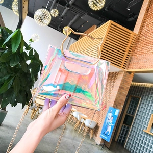Detail view of iridescent transparent handbag with gold cat-ear handles and metal chain