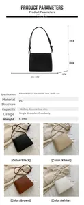 Tabella dettagliata con dimensioni e quattro opzioni di colore per la borsa a tracolla